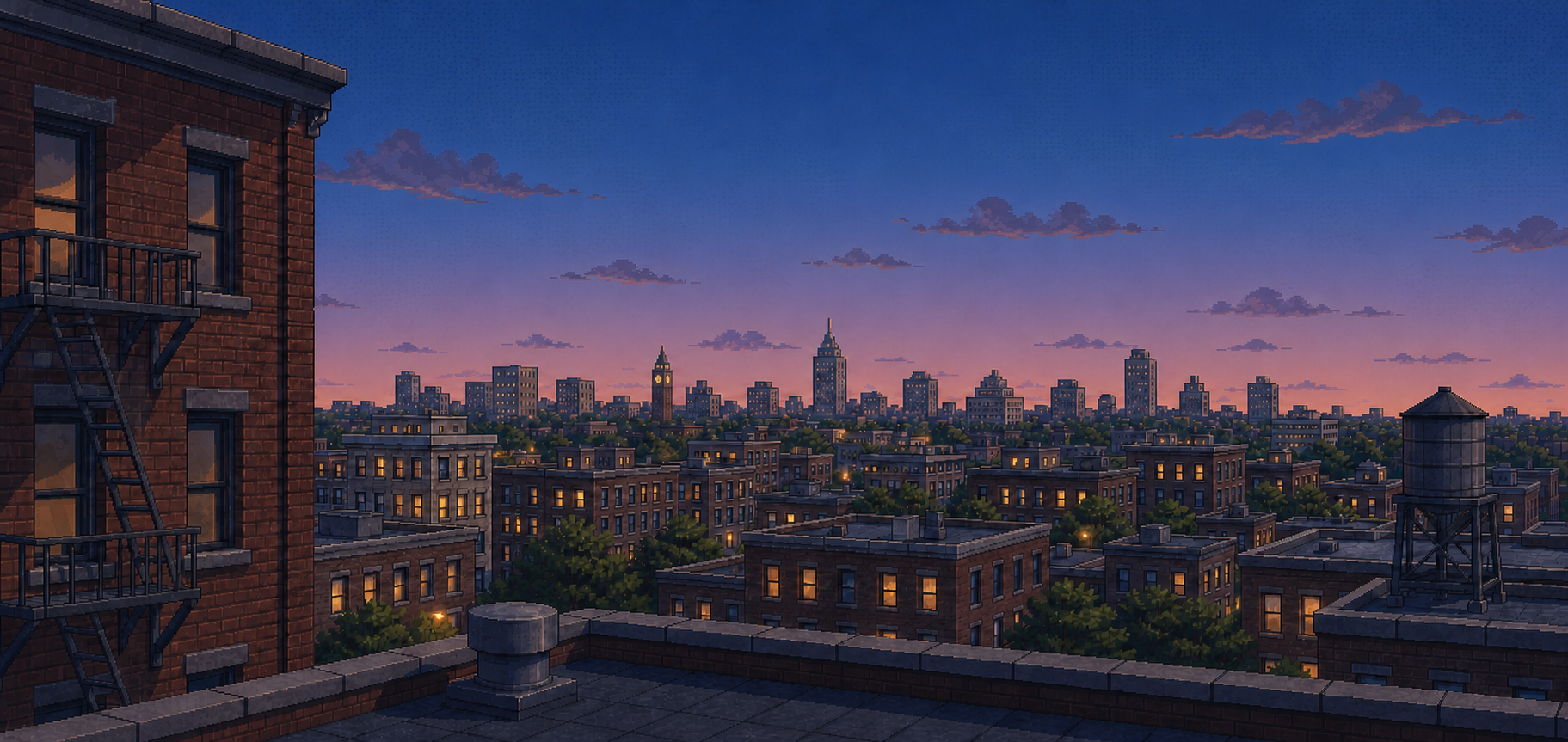 Pixel-art city skyline viewed from a rooftop